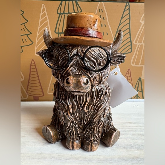 Hobby Lobby Highland Cow Figurine with Hat and Glasses - Picture 1 of 2